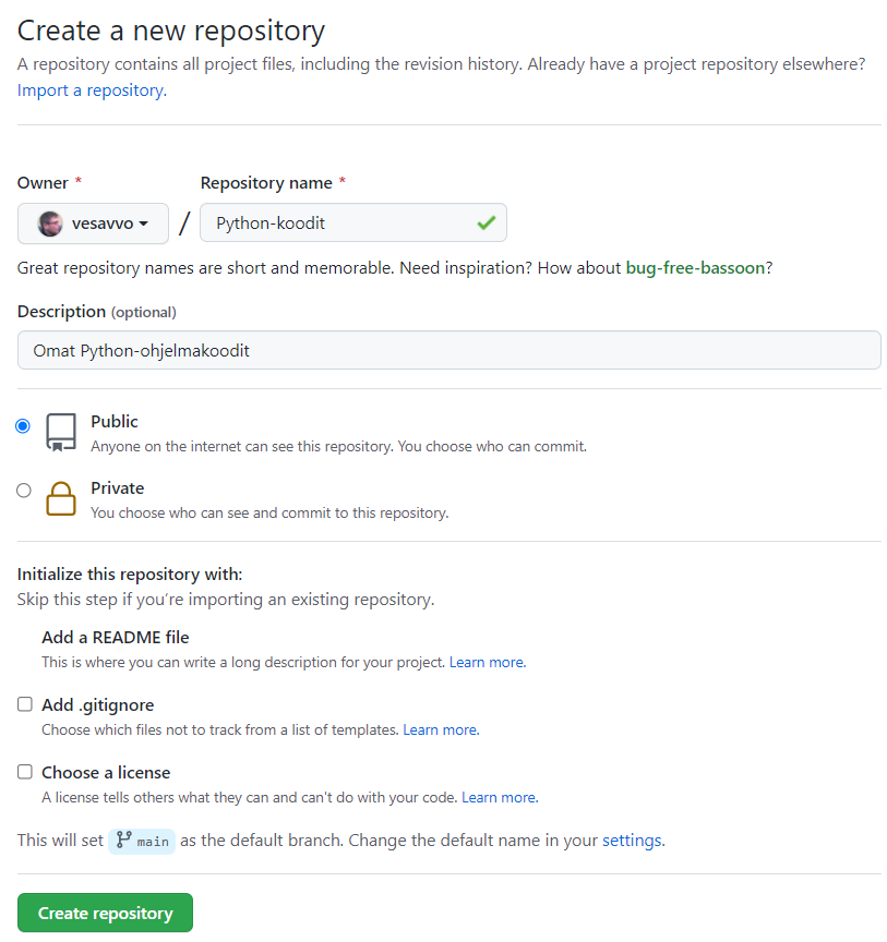 Uuden repositorion luonti